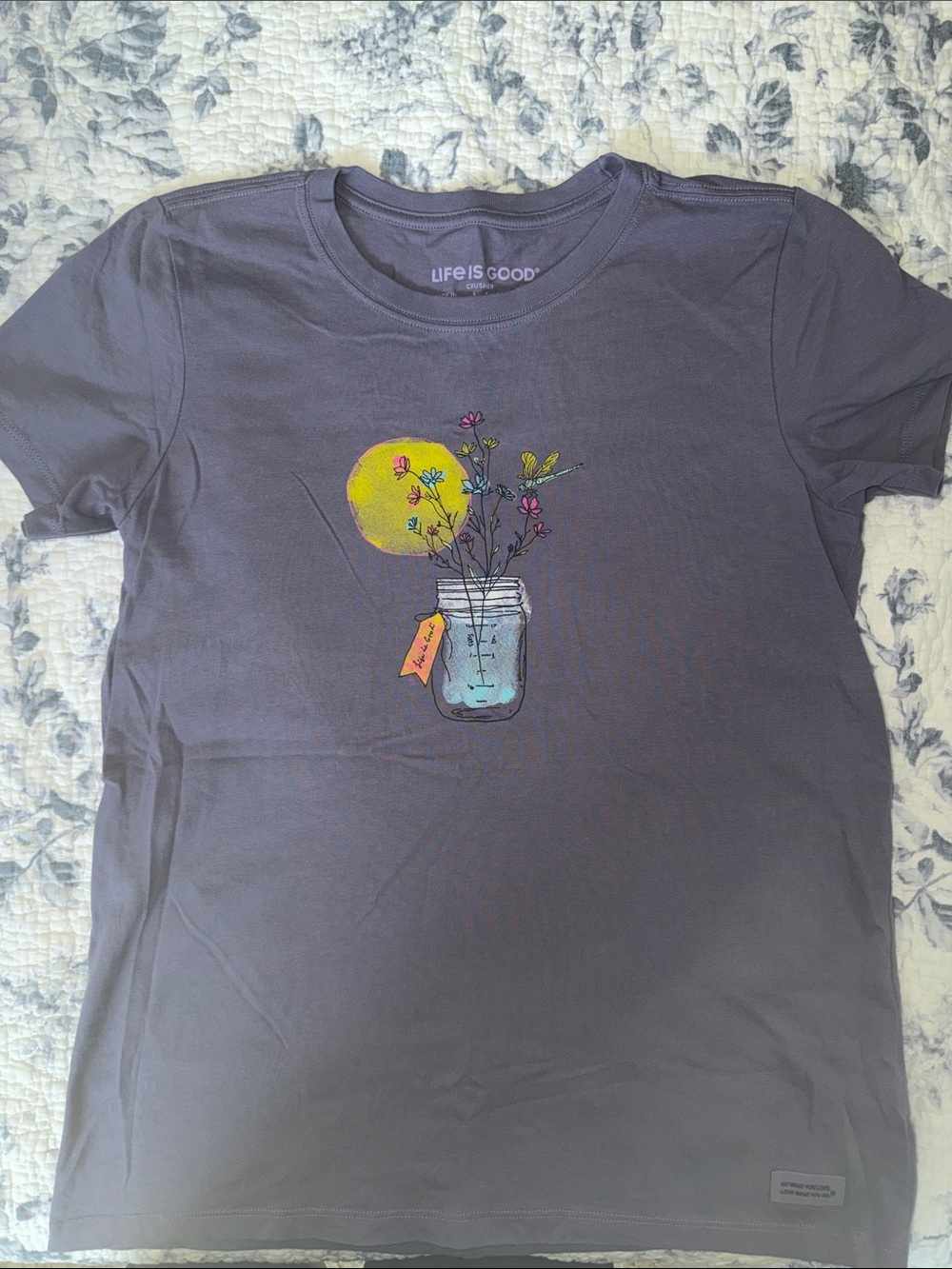 Life Is Good Purple Tee with Mason Jar Floral and Sun